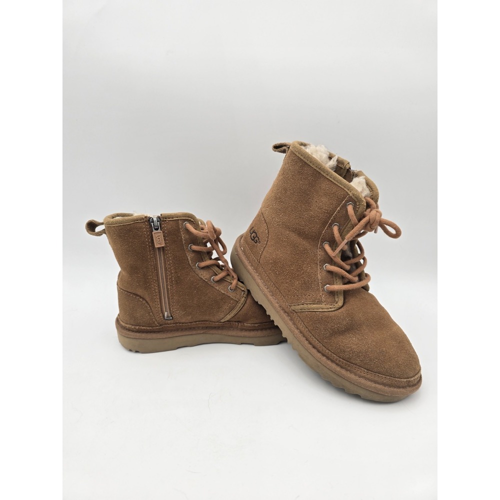 Uggs Harkley Boots Girls Size 3 Chestnut Brown 1017326K Zip Up Lace Up